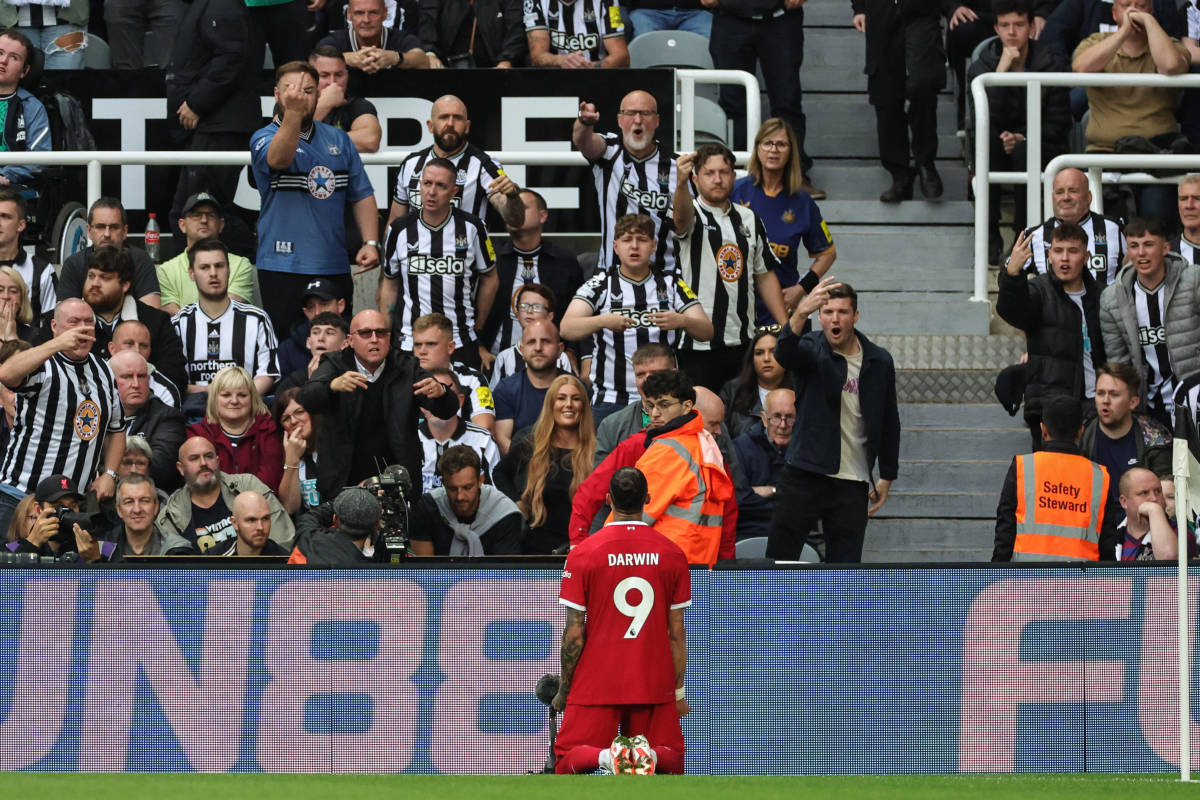 Darwin Nunez pictured celebrating after scoring two late goals in Liverpool's 2-1 win at Newcastle in August 2023